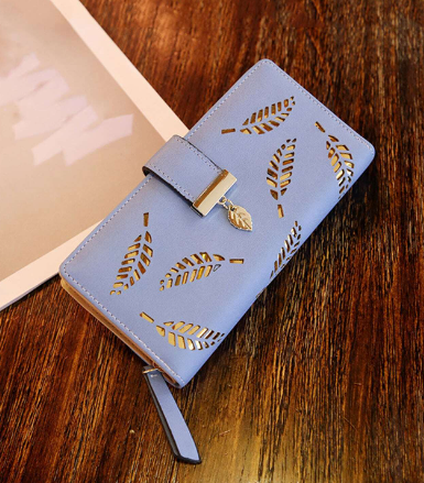 Light Blue Long Wallet with Hollow Leaf Carved Pattern