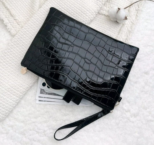 Shiny Crocodile Embossed Clutch with Wristlet