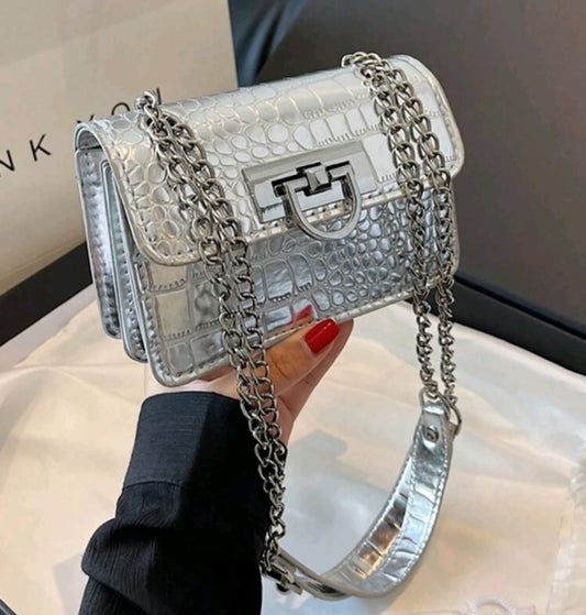 Silver Crocodile Embossed Twist Lock Fashion Shoulder Bag