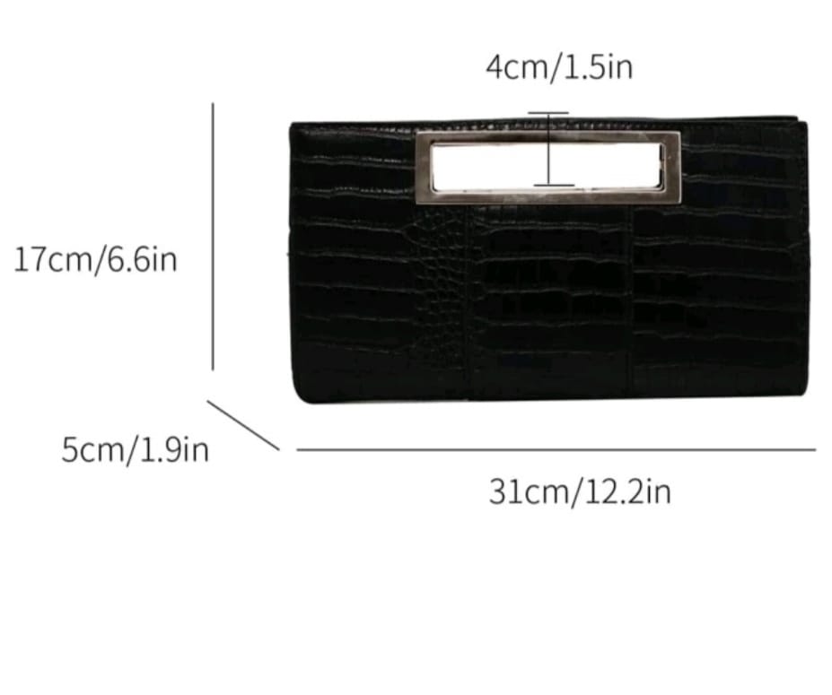 Black Crocodile Embossed Rectangle Clutch with Metallic Handle