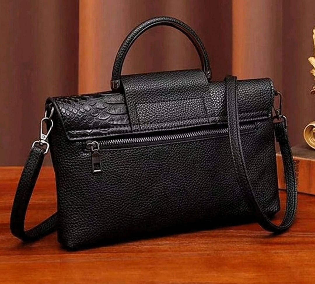 Black Crocodile-Patterned Handbag with Unique Cut Patterns