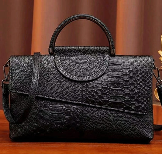 Black Crocodile-Patterned Handbag with Unique Cut Patterns