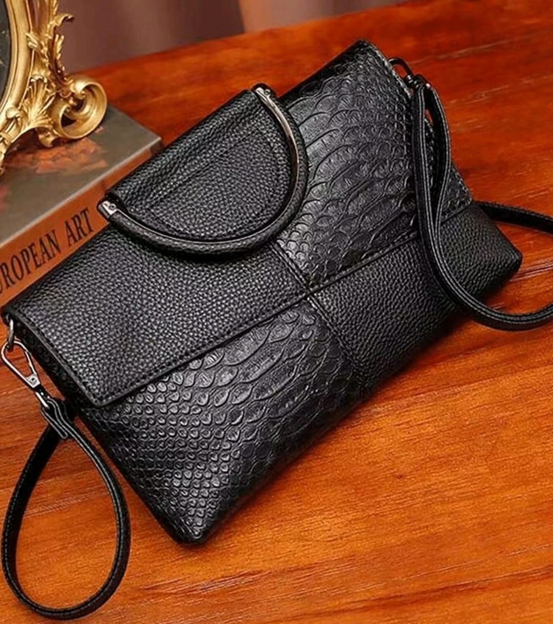 Black Crocodile-Patterned Handbag with Unique Cut Patterns