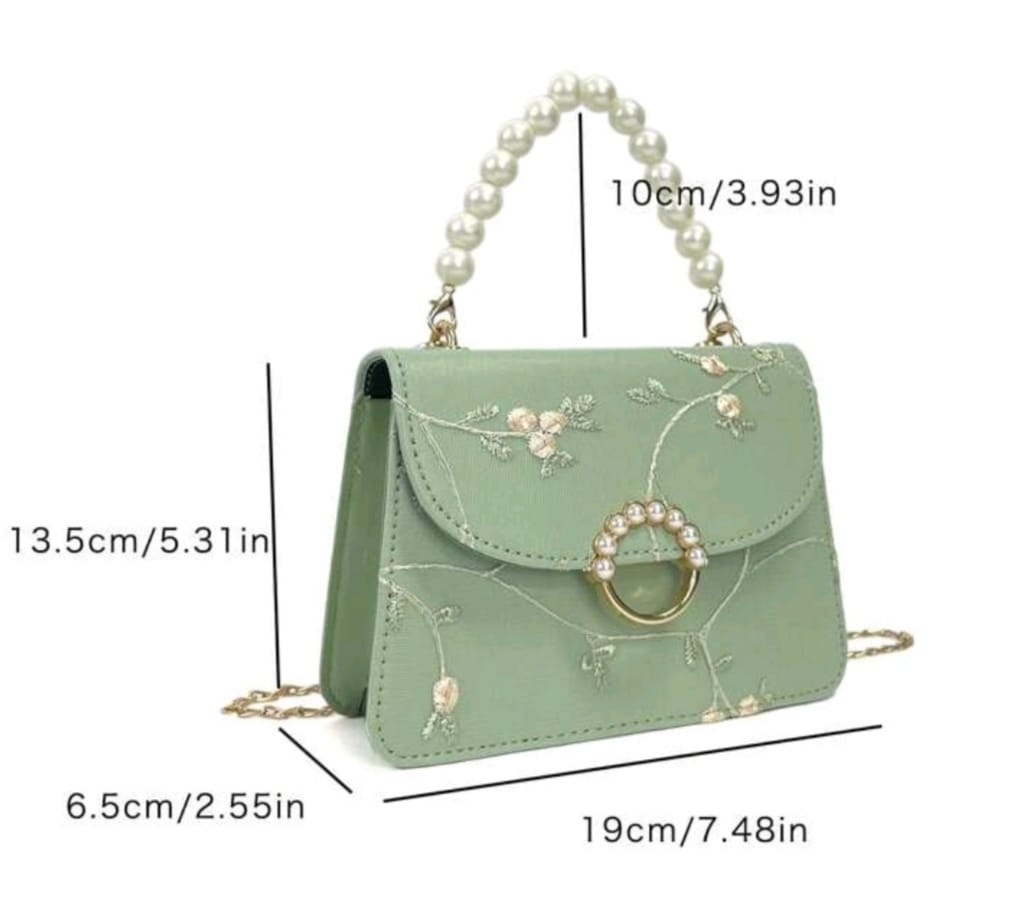 Mini Square Bag with Flower Embroidery and Faux Pearl Strap