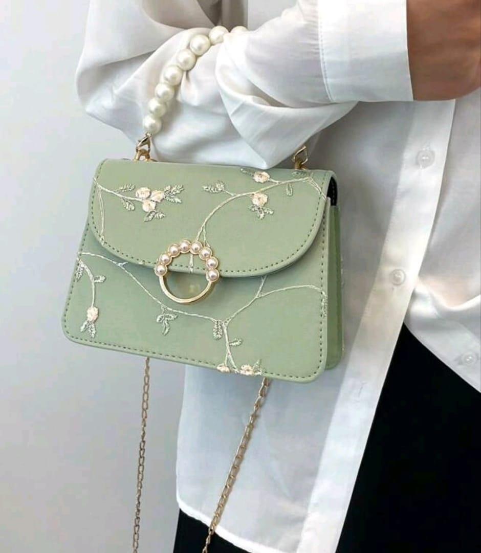 Mini Square Bag with Flower Embroidery and Faux Pearl Strap