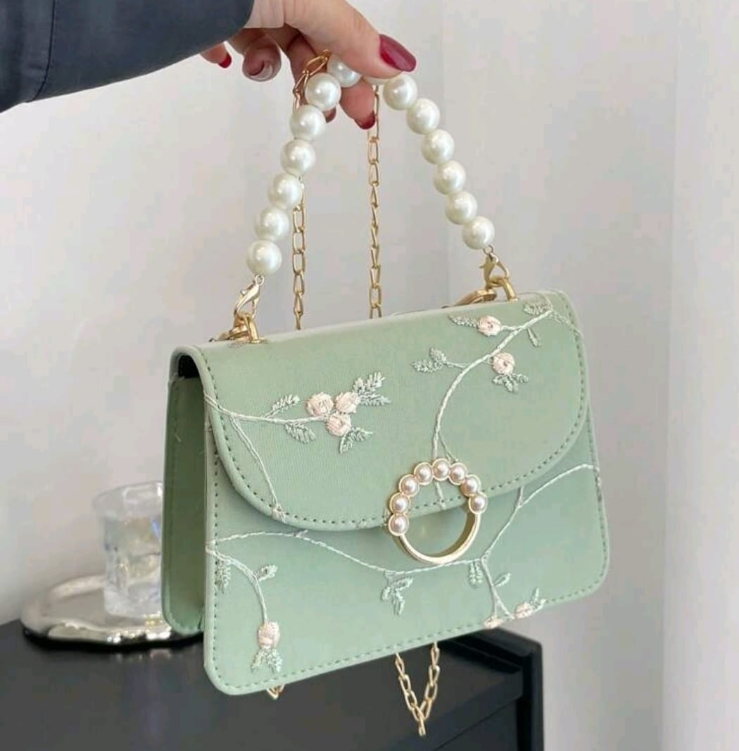 Mini Square Bag with Flower Embroidery and Faux Pearl Strap