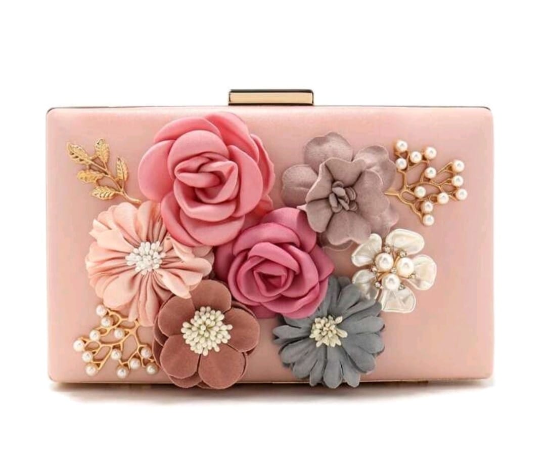 Pink Flowers with Pearl Rhinestones Evening Bag