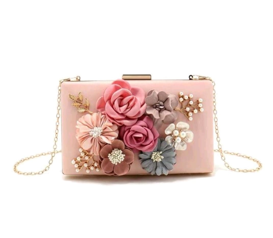 Pink Flowers with Pearl Rhinestones Evening Bag