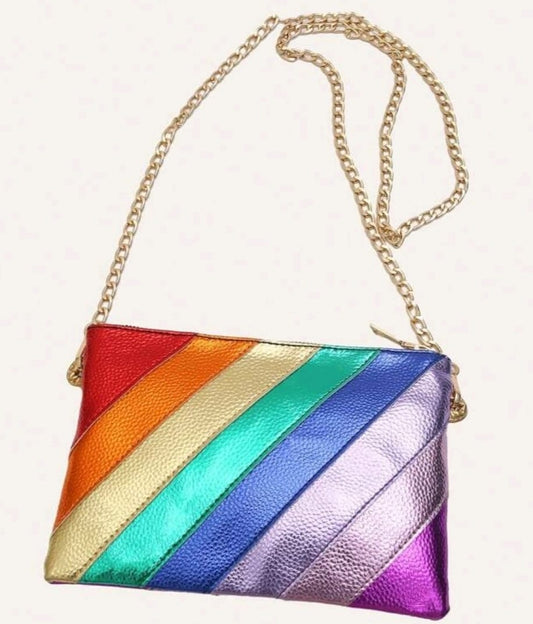 Rainbow Metallic Color Block Stripes Patchwork Leather Bag