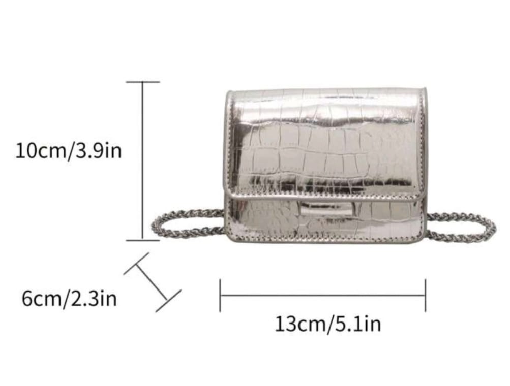 Silver Metallic Crocodile Embossed Mini Square Bag