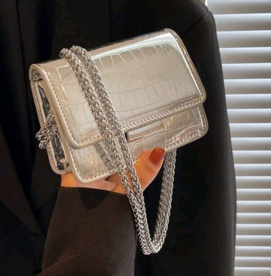 Silver Metallic Crocodile Embossed Mini Square Bag