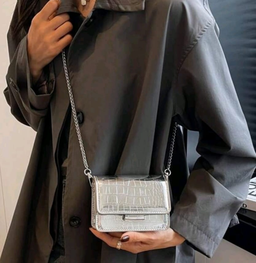 Silver Metallic Crocodile Embossed Mini Square Bag