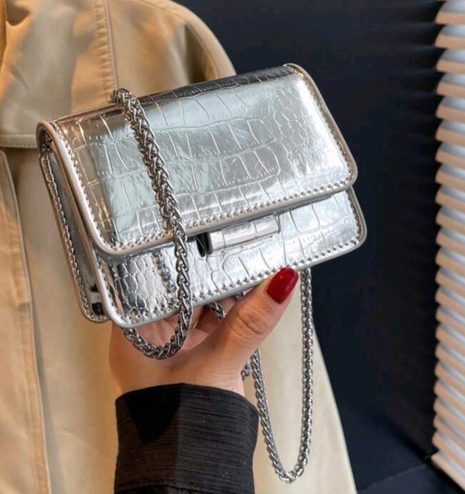 Silver Metallic Crocodile Embossed Mini Square Bag