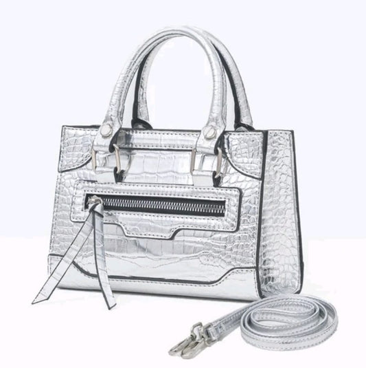 Silver Metallic Crocodile Embossed Evening Bag