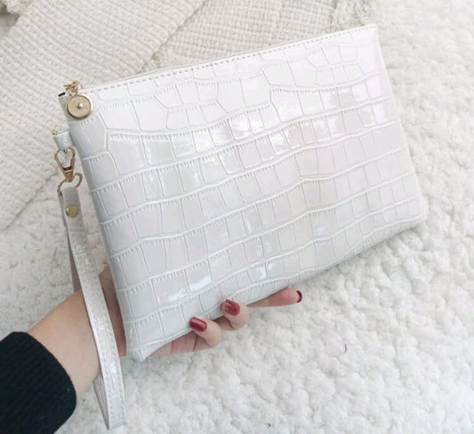 White Shiny Crocodile Embossed Clutch with Wristlet