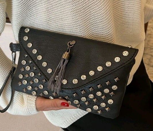 Embossed Tassel & Studded Wristlet