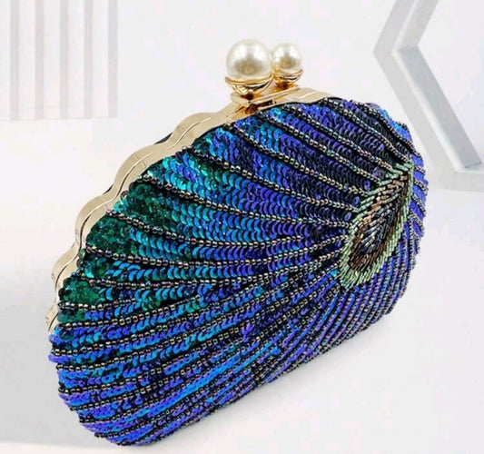 Vintage Sequins Evening Clutch with Peacock Feather Pattern