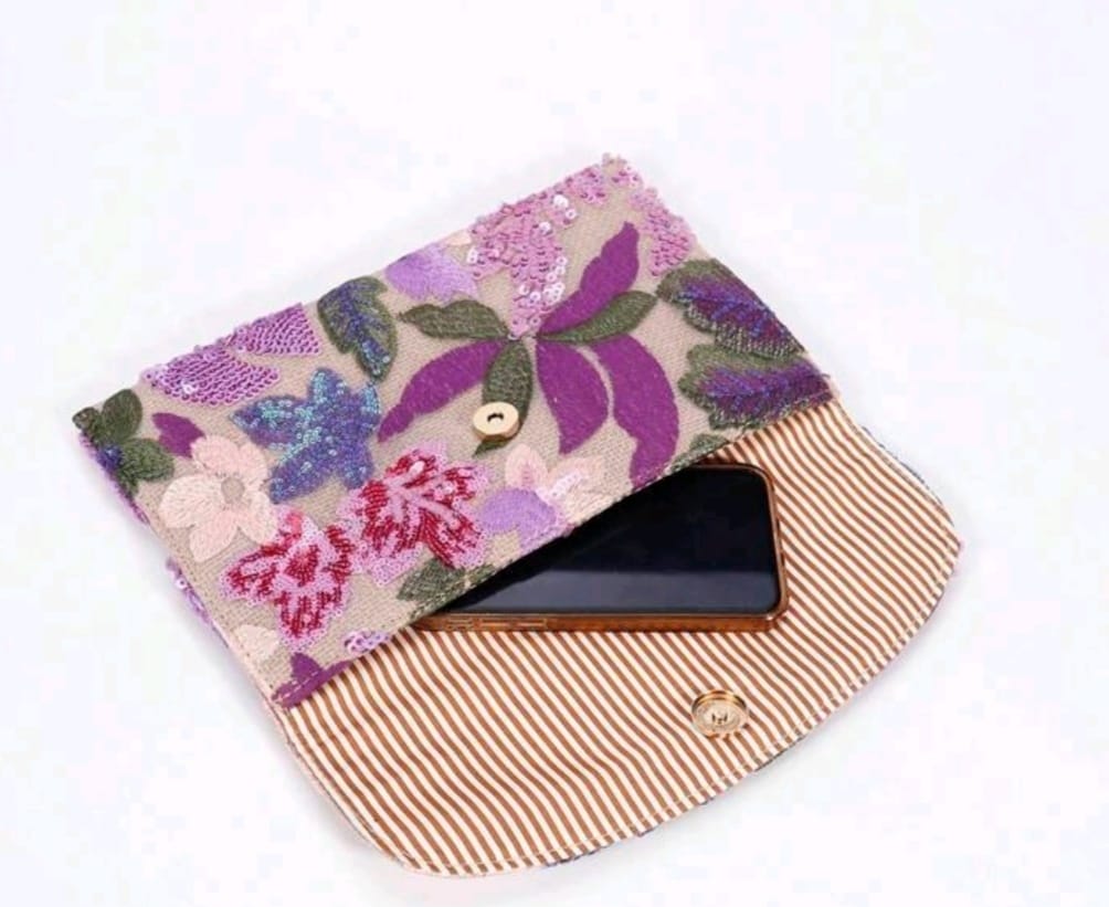 Sequin Floral Purple Embroidery Patchwork Envelope Clutch Bag