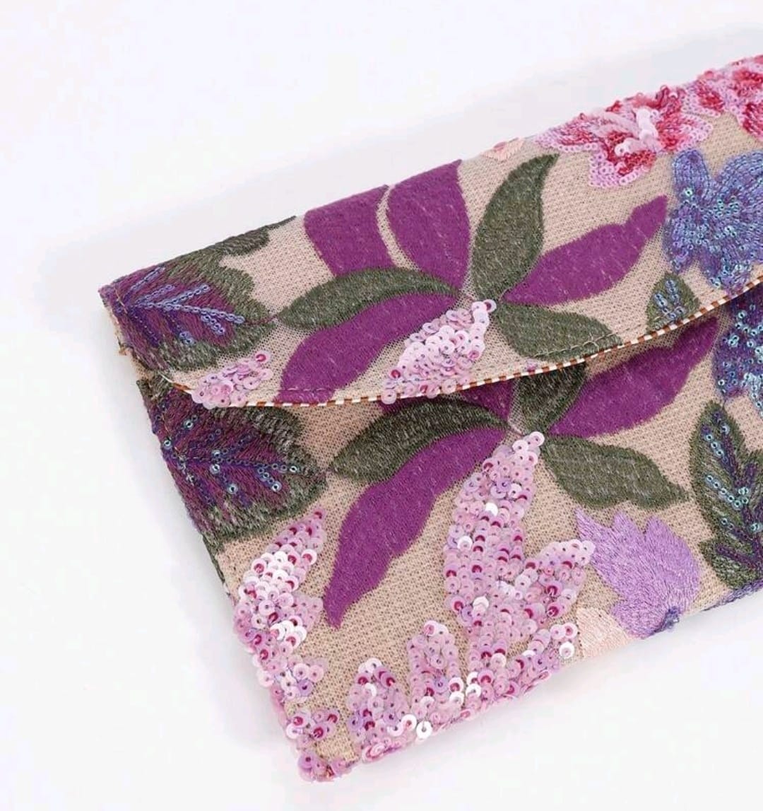 Sequin Floral Purple Embroidery Patchwork Envelope Clutch Bag