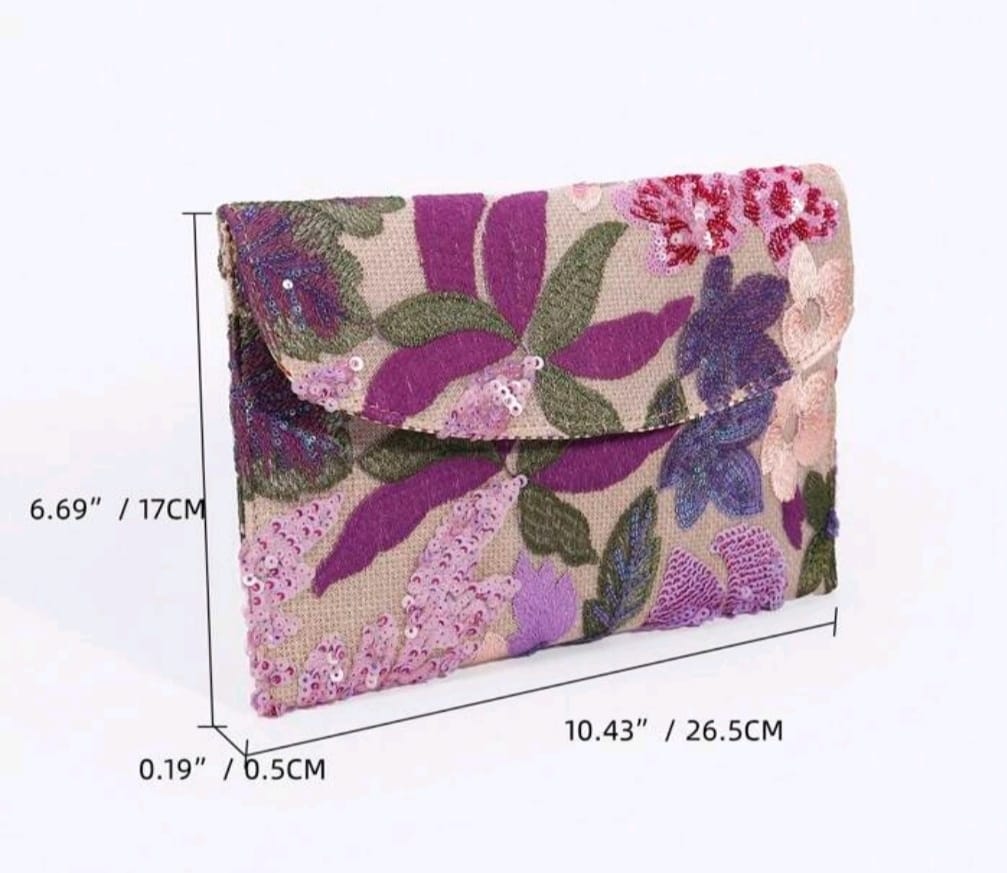 Sequin Floral Purple Embroidery Patchwork Envelope Clutch Bag