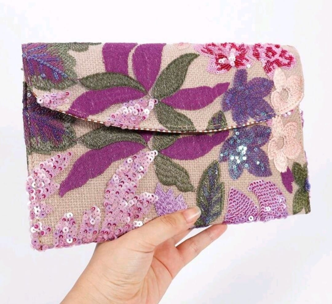 Sequin Floral Purple Embroidery Patchwork Envelope Clutch Bag