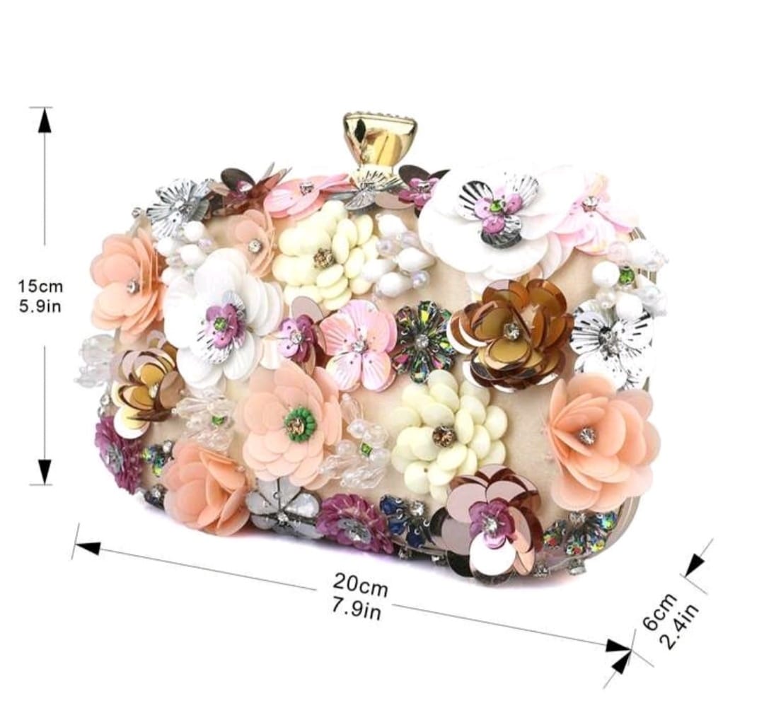 Detailed Beaded and Rhinestone Flowers Clutch / Shoulder Bag