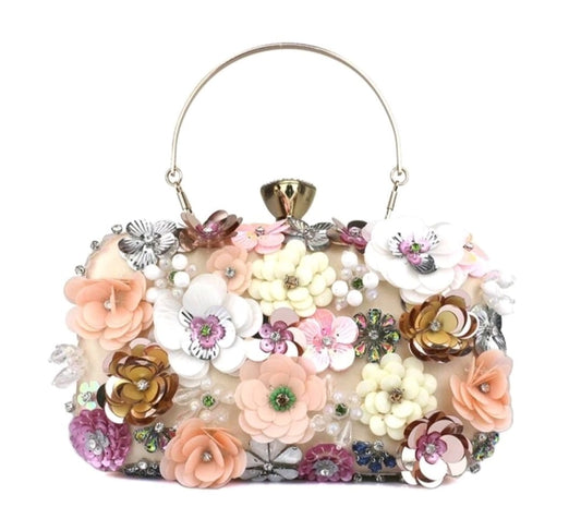 Detailed Beaded and Rhinestone Flowers Clutch / Shoulder Bag