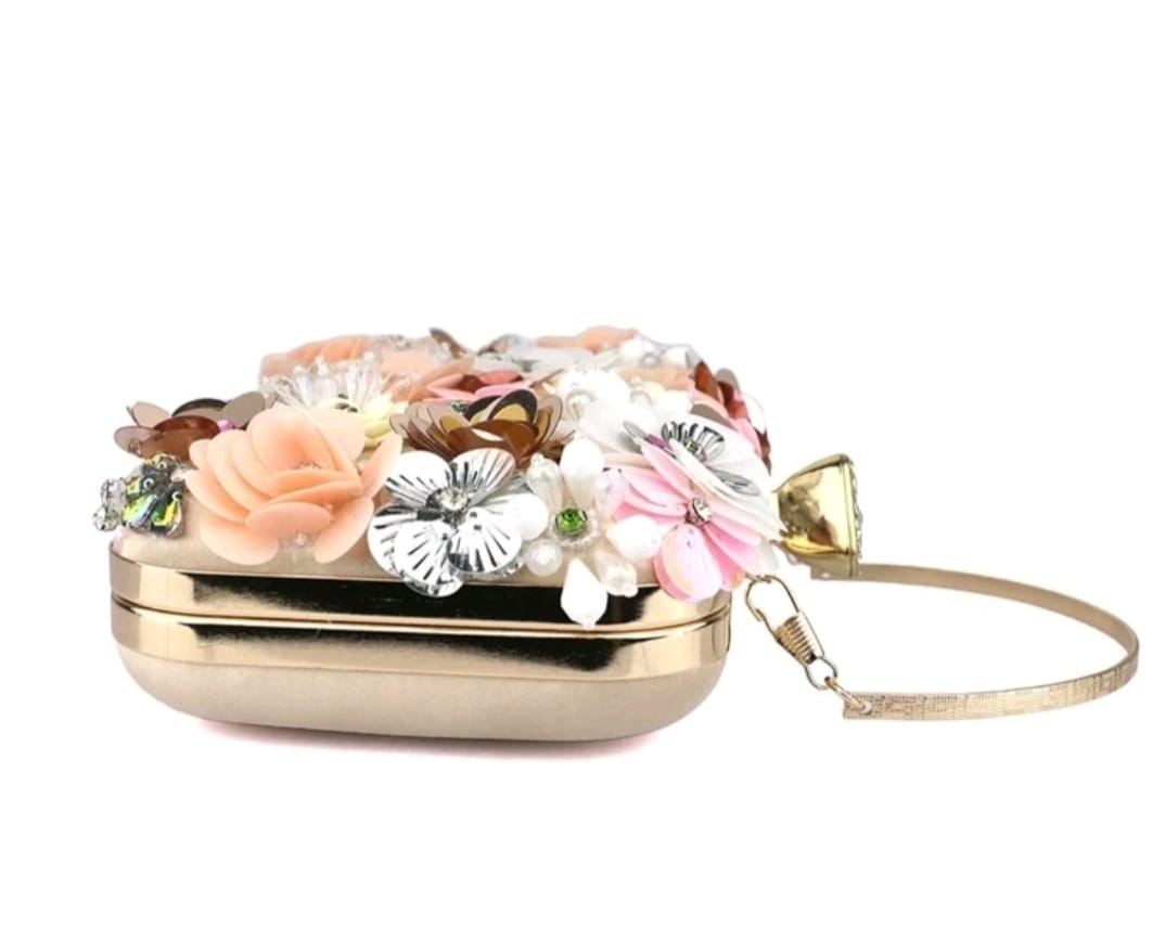 Detailed Beaded and Rhinestone Flowers Clutch / Shoulder Bag