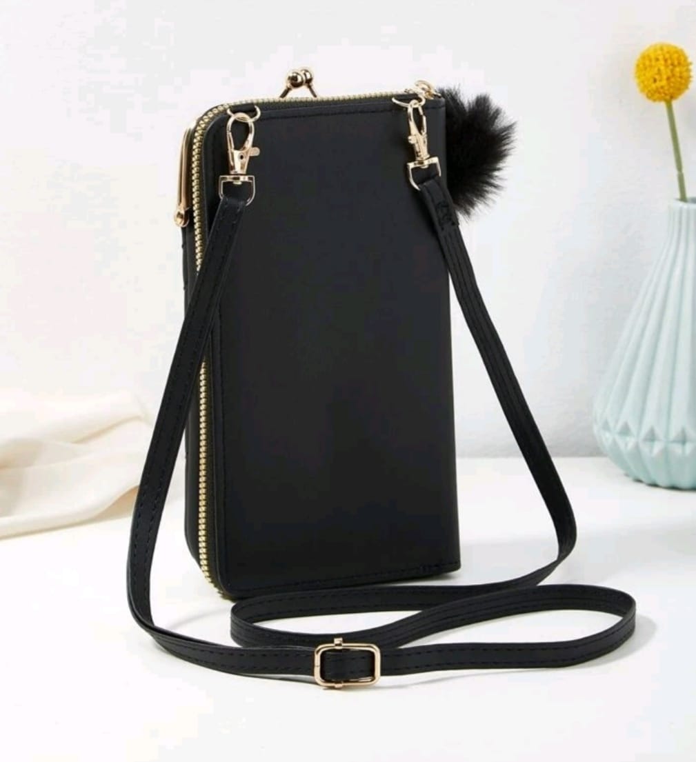 Black Stitch Mobile Crossbody Wallet with Pendant