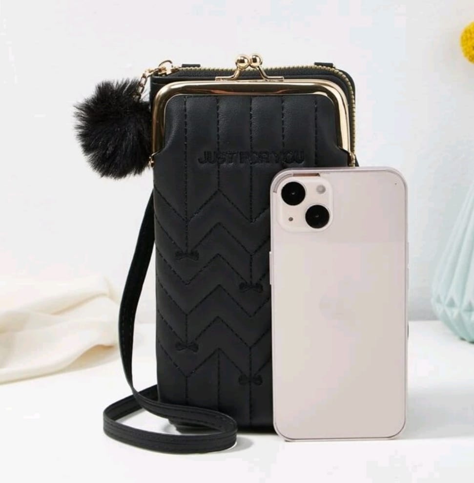 Black Stitch Mobile Crossbody Wallet with Pendant