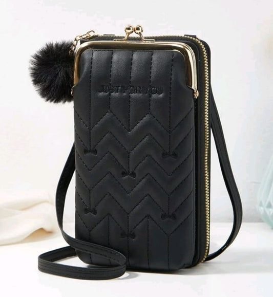 Black Stitch Mobile Crossbody Wallet with Pendant