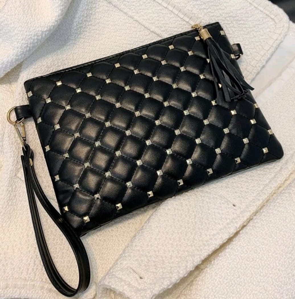 Studded Decor Quilted Clutch Wristlet with Tassel