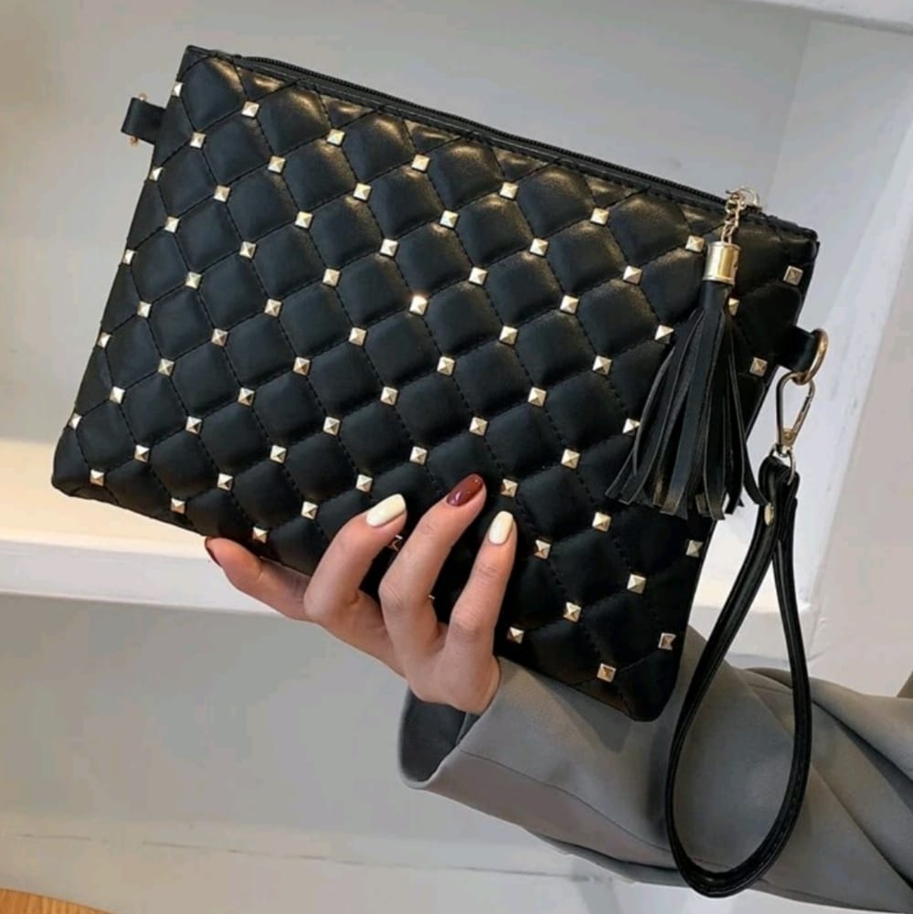 Studded Decor Quilted Clutch Wristlet with Tassel