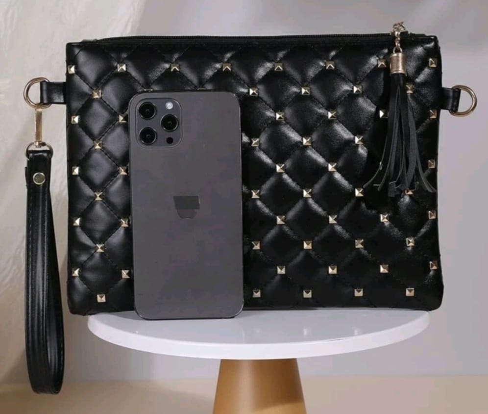 Studded Decor Quilted Clutch Wristlet with Tassel