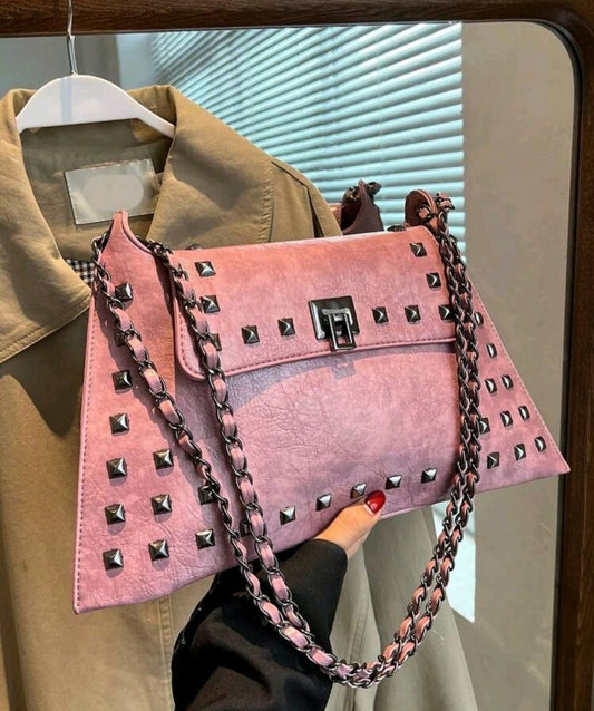 Pink Studded Twist-Lock Shoulder Bag