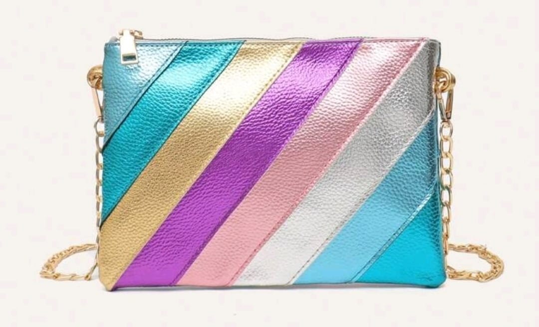 Metallic Color Block Striped Patchwork Bag