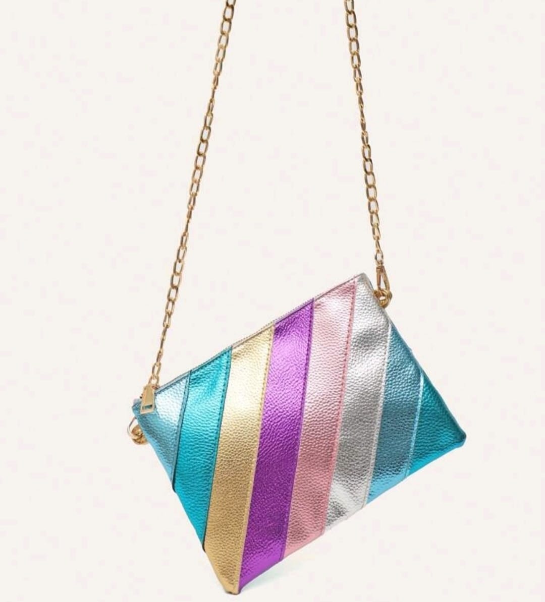 Metallic Color Block Striped Patchwork Bag