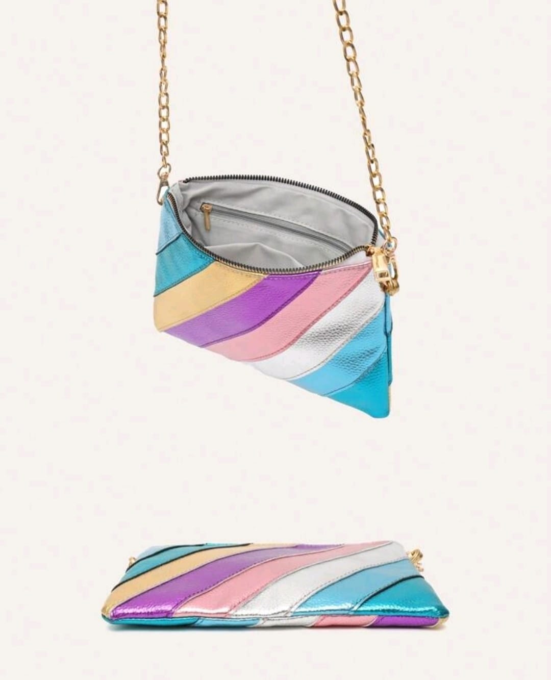 Metallic Color Block Striped Patchwork Bag