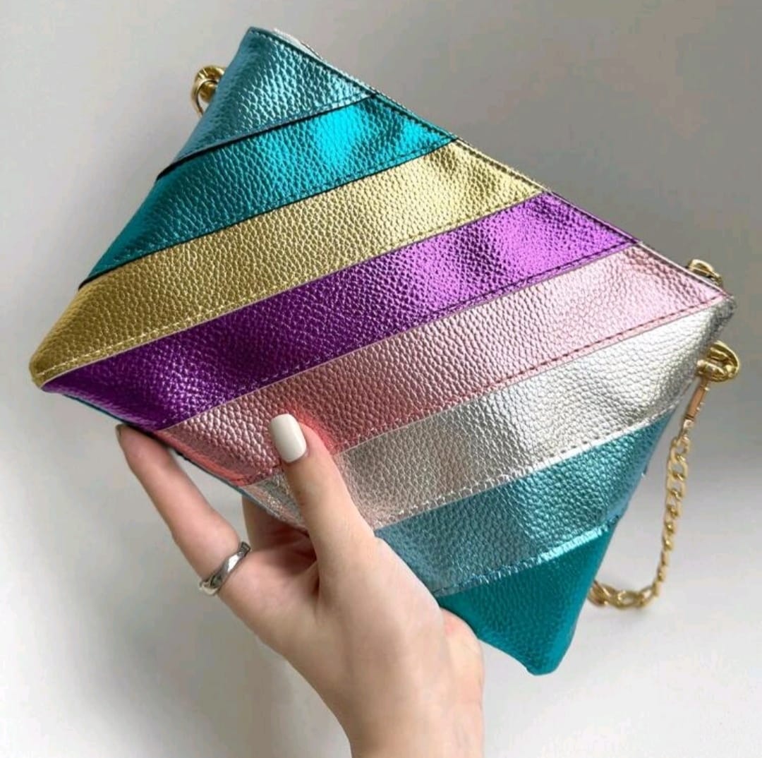 Metallic Color Block Striped Patchwork Bag