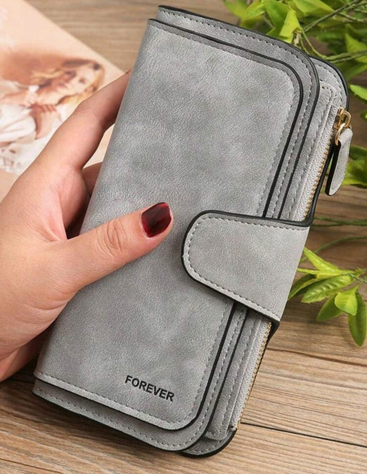 Grey Long Tri-Fold Clasp Wallet