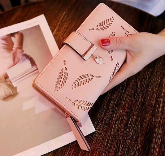 Pink Long Wallet with Hollow Leaf Carved Pattern