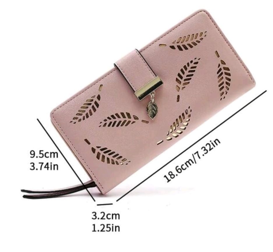 Pink Long Wallet with Hollow Leaf Carved Pattern