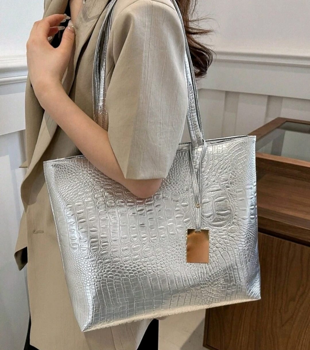 Crocodile Embossed Shoulder PU Leather Tote Handbag