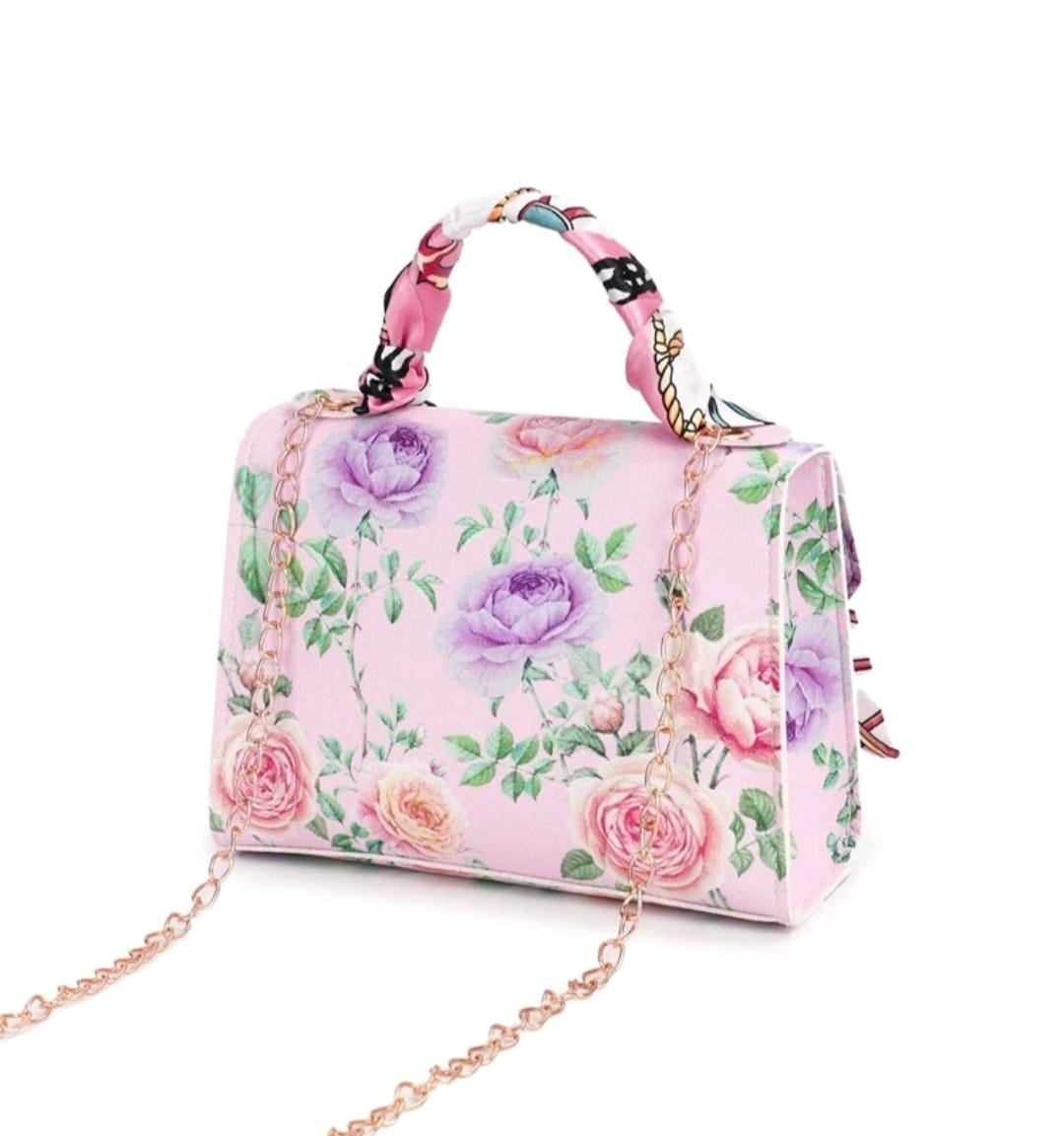 Floral Print Handbag with Silk Scarf Decor