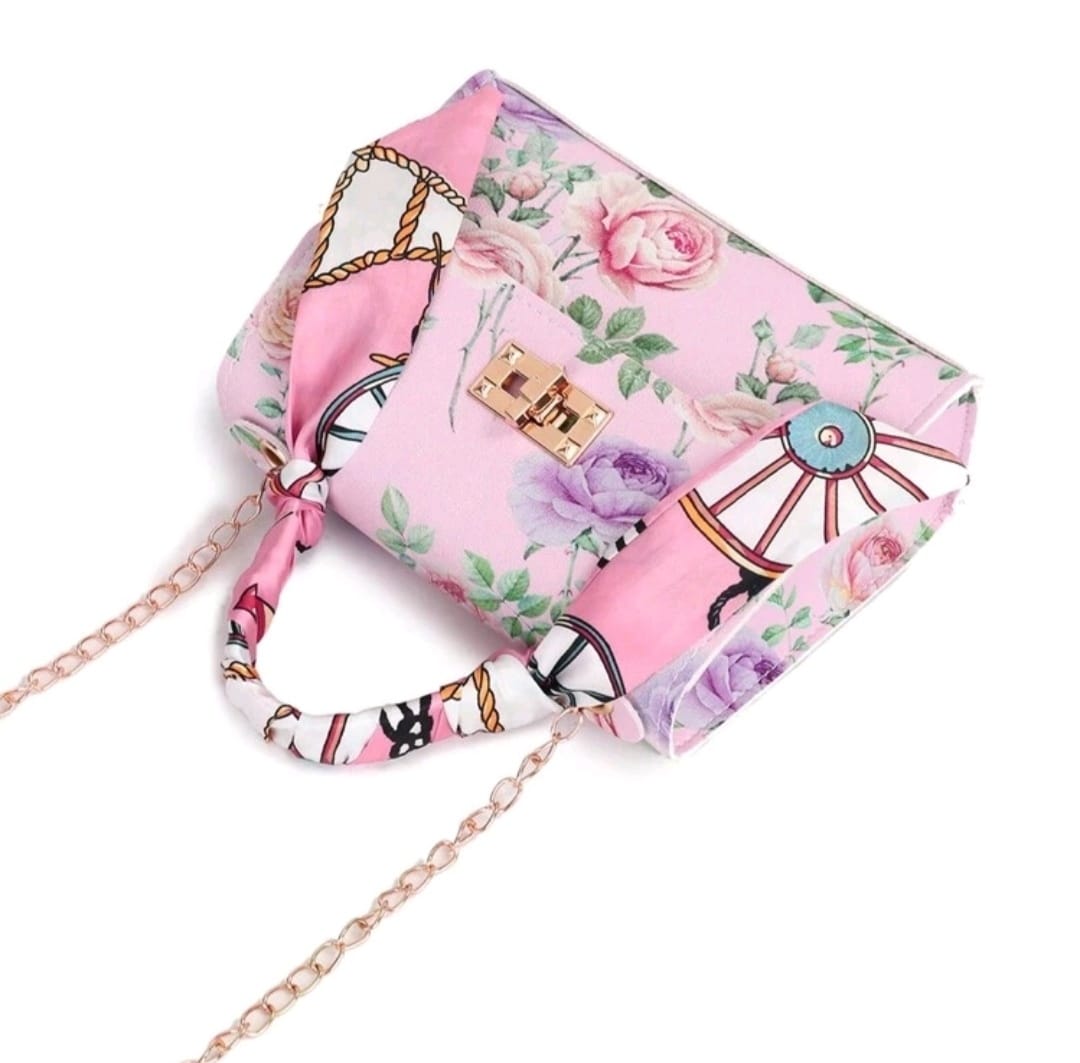 Floral Print Handbag with Silk Scarf Decor