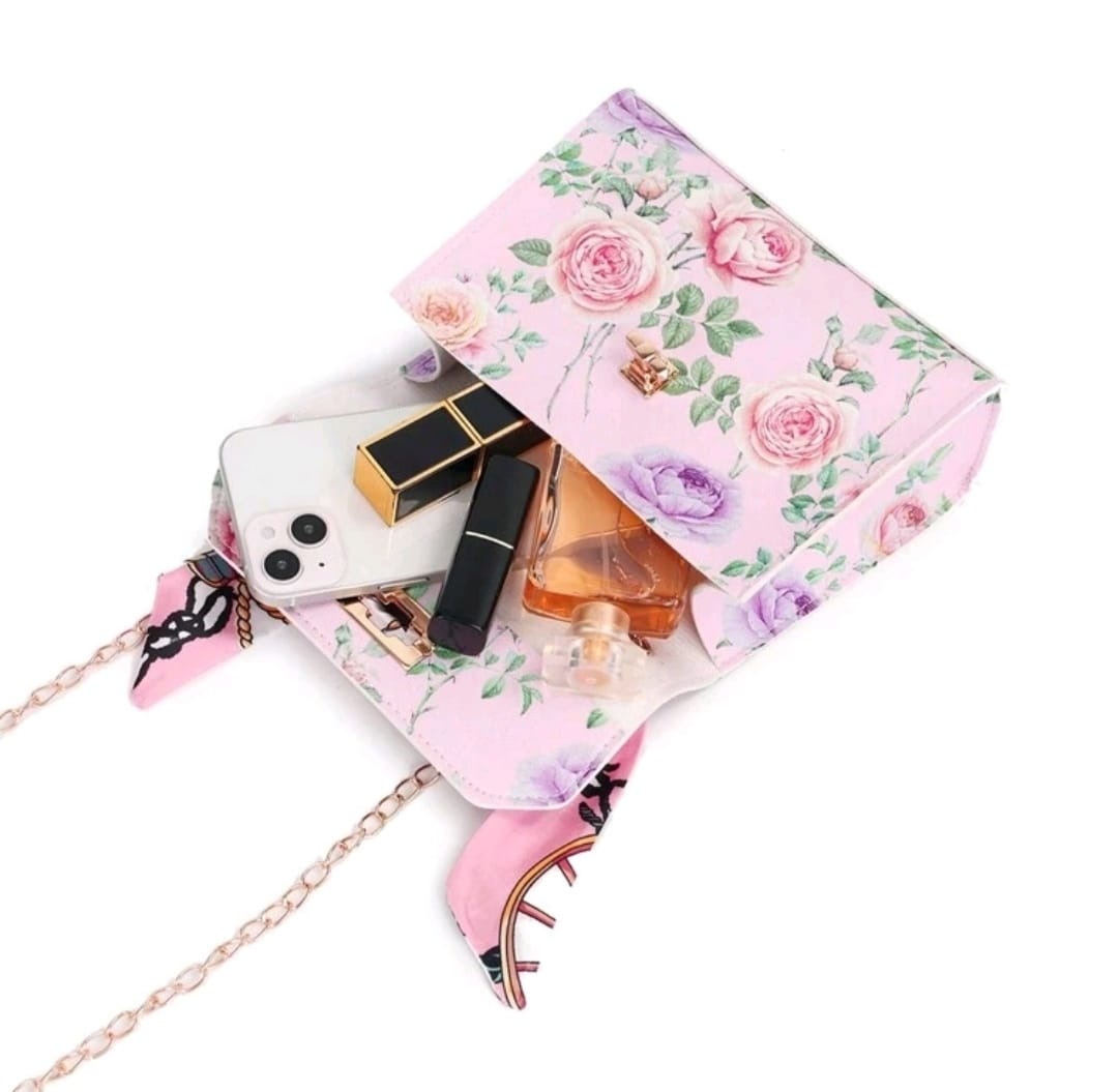 Floral Print Handbag with Silk Scarf Decor