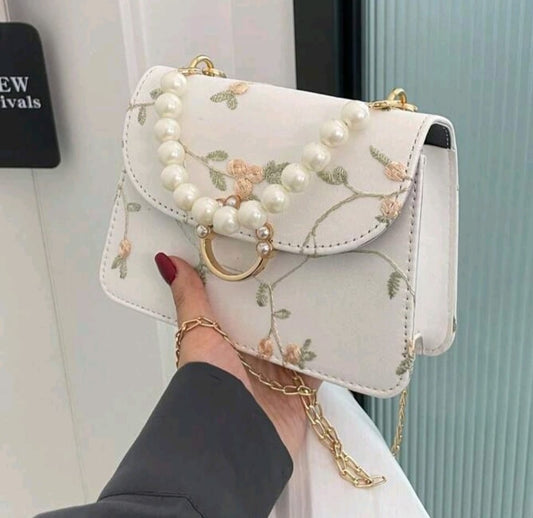 White Mini Square Bag with Flower Embroidery and Faux Pearl Strap