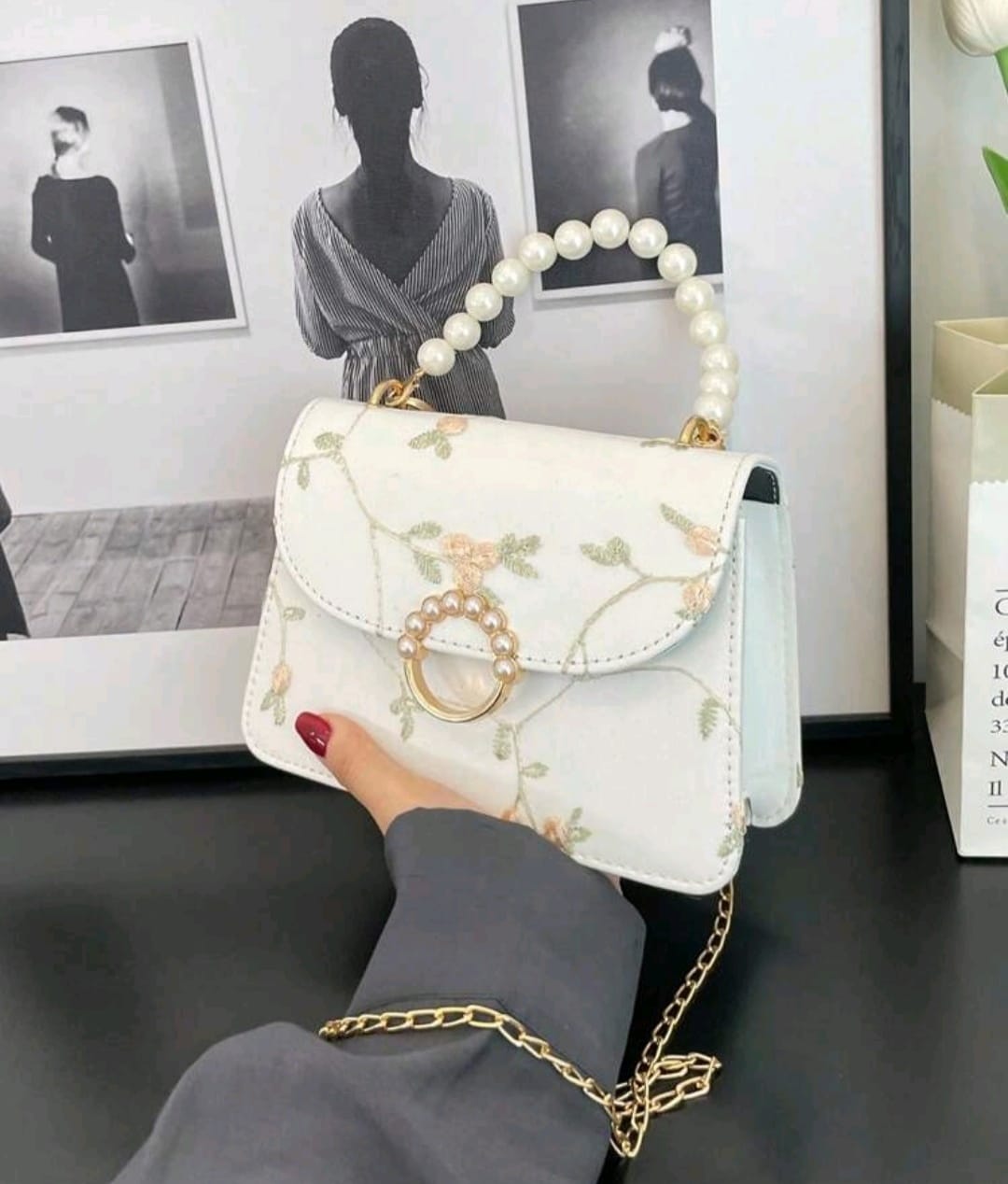 White Mini Square Bag with Flower Embroidery and Faux Pearl Strap