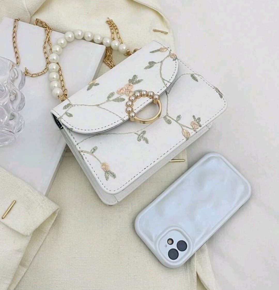 White Mini Square Bag with Flower Embroidery and Faux Pearl Strap