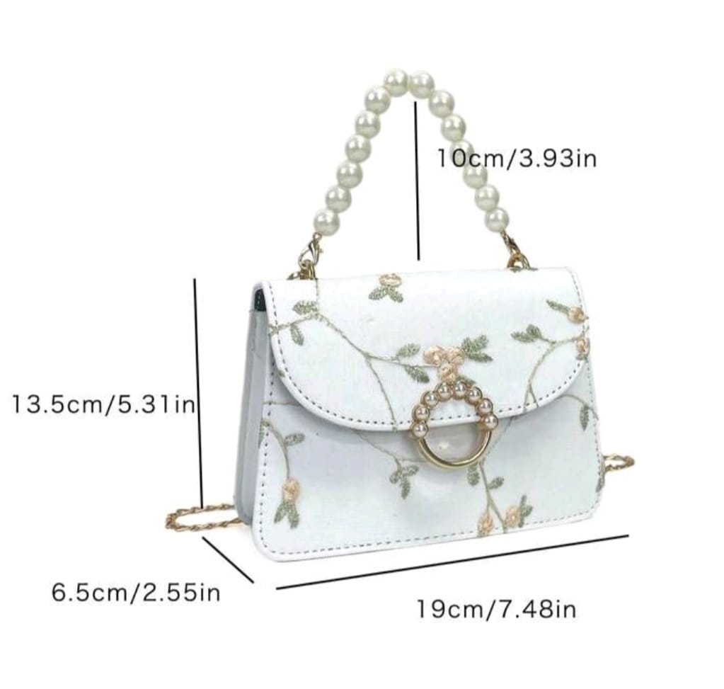 White Mini Square Bag with Flower Embroidery and Faux Pearl Strap